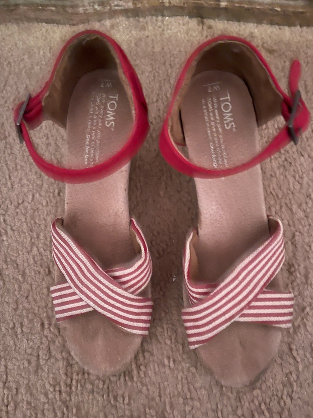 TOMS Red Ankle-Strap Sandals with Red & White Striped Crisscross